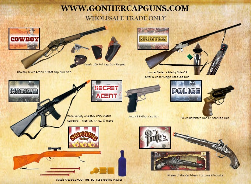 A collage showcasing various toy cap guns from different themes, including cowboy, police, military, and pirate styles, along with an assortment of cap gun playsets and shooting games.